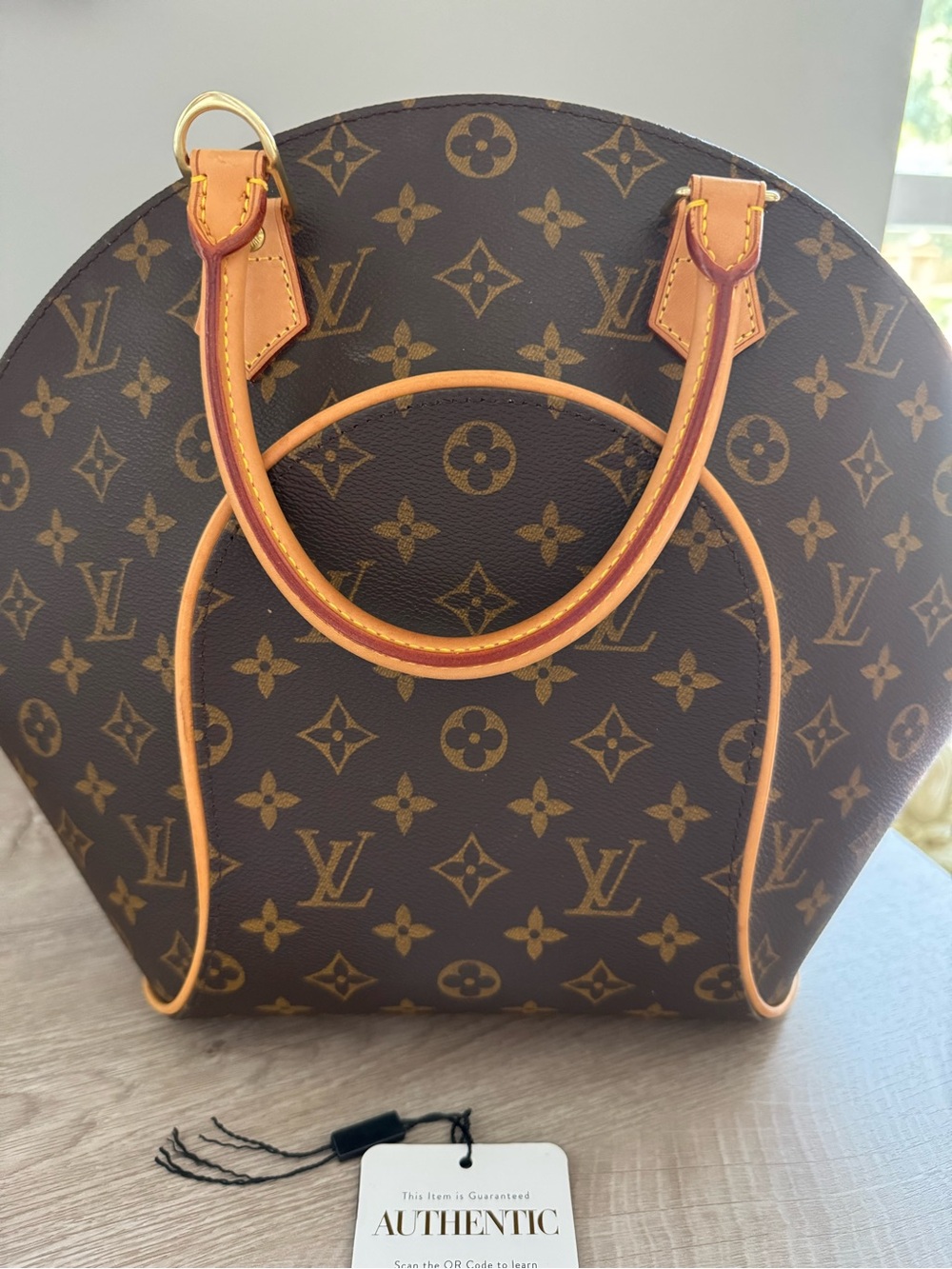 Louis Vuitton Brown Monogram Ellipse Handbag with Tan Trim